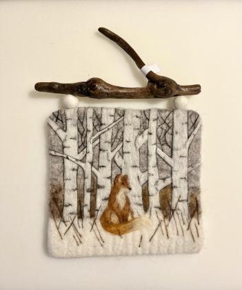 Needle felted fox in birches on a wet felted background