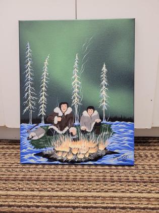 Man and a boy sitting beside a fire 20'x16' $300