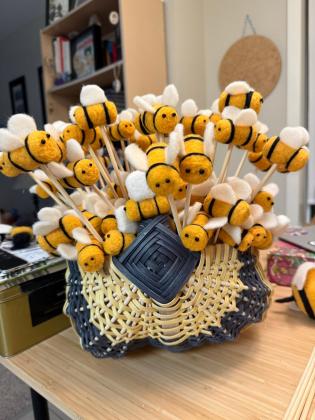 needle felted bees on sticks