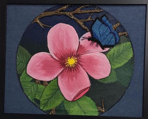 Blue Butterfly -  seed bead, molding paste and acrylic on denim 