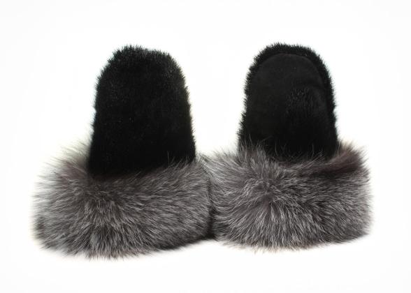 Black sealskin mitts with silver fox trim