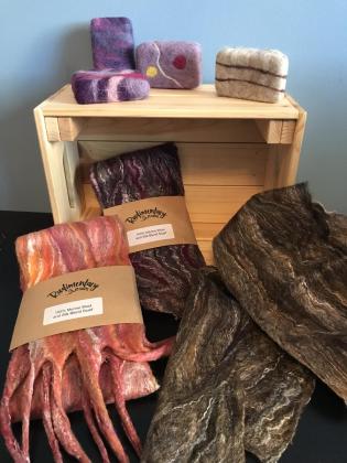 Felted soaps. Scarves are 100% merino wool and silk blend.