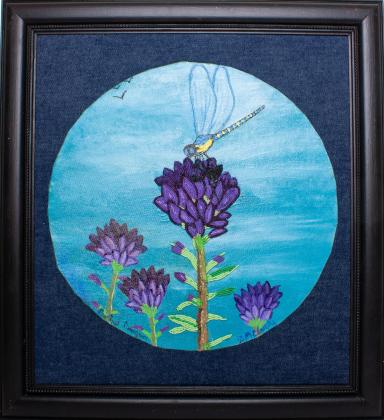 Seed bead, molding paste and acrylic on denim