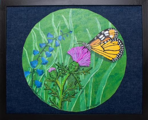 Seed bead, molding paste and acrylic on denim