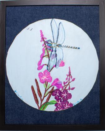 Seed bead, molding paste and acrylic on denim