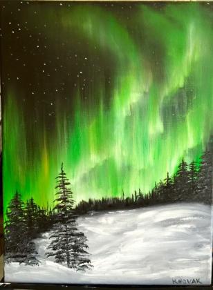 "Glowing Northern skies" glow in the dark oil painting