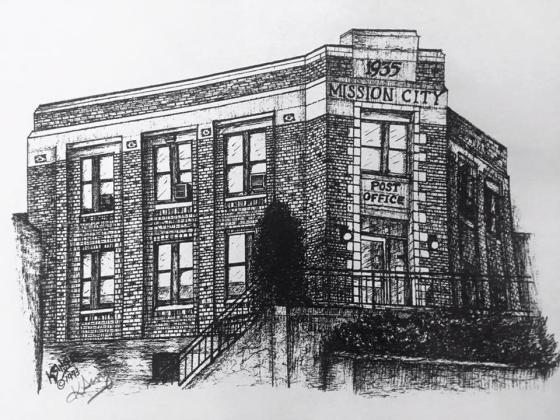 "MISSION POST OFFICE" pen and ink