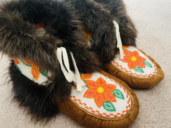 Fully beaded crow boots with hometanned moosehide and beaver fur