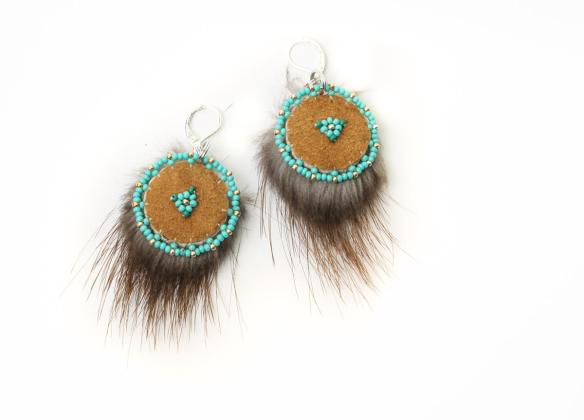 Beaver fur earrings with moosehide beaded back