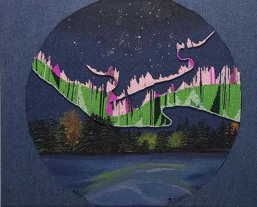 Northern Lights - seed beads , molding paste and acrylic on denim
