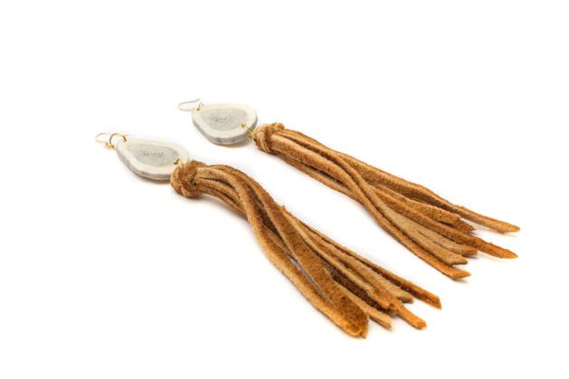 Antler earrings with moosehide fringe