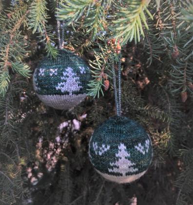 Tamarack Ornaments - Original design for handknit hanging ornaments featuring a variety of trees inspired by the boreal forest.